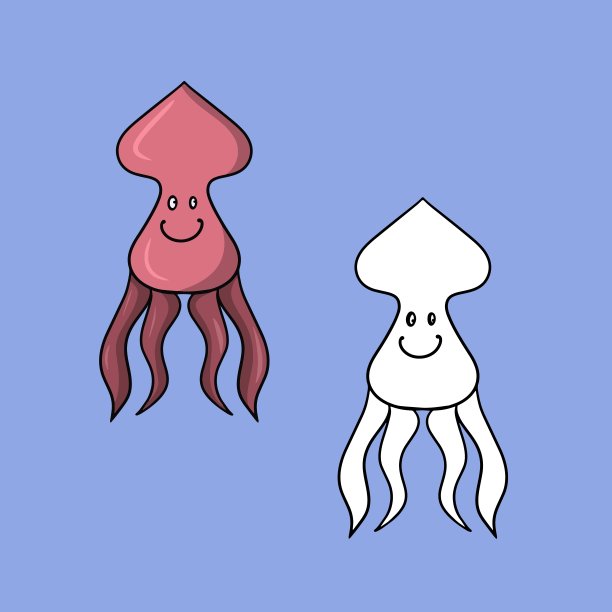 一组图片，人物红乌贼游泳，海洋生物，矢量卡通图片下载