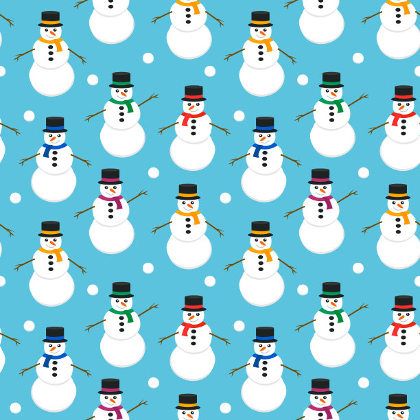 无缝矢量模式与可爱的雪人彩色围巾和帽子在蓝色的背景。每股收益10图片下载