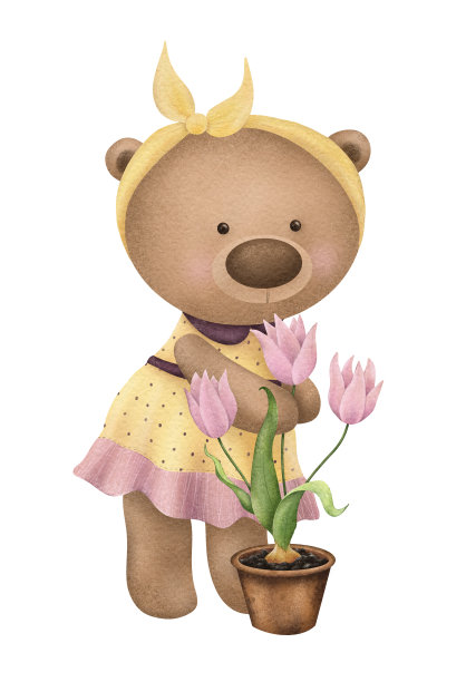 可爱的泰迪熊与郁金香，熊女孩在一个礼服插图完美的婴儿淋浴邀请，贺卡图片下载