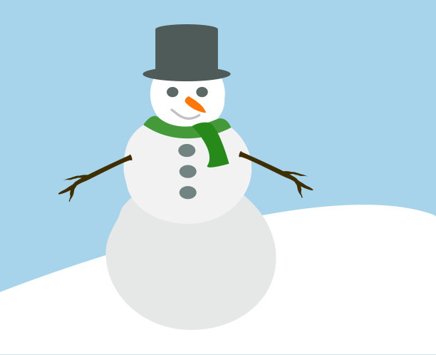 可爱的雪人戴着帽子和绿色的围巾，手从树枝和胡萝卜鼻子站在雪山卡通简单向量图片下载