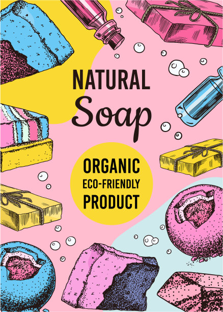 泡泡浴肥皂海报或横幅。用复古风格洗手。自制的包装。有机化妆品，天然泡沫。绘制单色雕刻素描温泉标签或背景图片下载