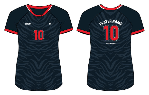 女性运动球衣设计平草图插图，老虎皮肤图案V颈t恤女士排球球衣，足球，羽毛球，足球和篮球，运动制服套件图片下载