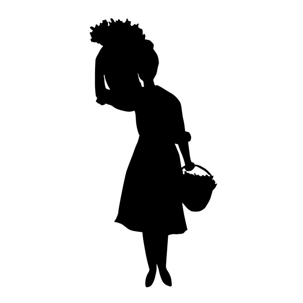 一个拿着篮子的女孩的黑色剪影。矢量插图。图片下载