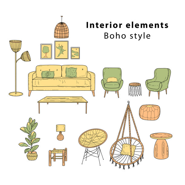 客厅家具涂鸦草图，手绘不同尺寸和类型，现代和复古斯堪的纳维亚风格家具室内元素矢量素材图片下载