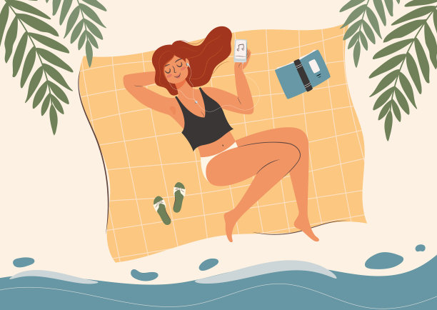 女人躺在沙滩上，听着音乐图片下载