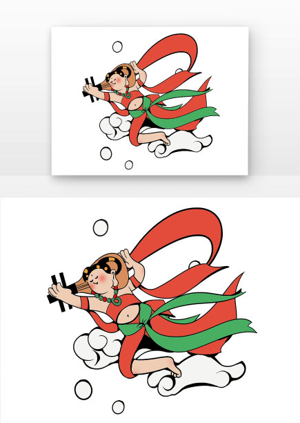 红绿色简约撞色扁平风敦煌飞仙插画元素图片下载