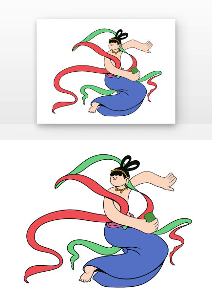 蓝色扁平敦煌飞仙现代撞色元素图片下载
