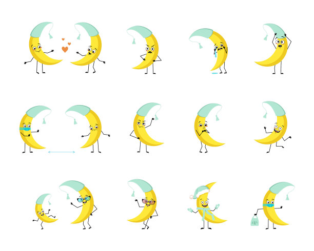 可爱的月亮人物在睡帽与快乐或悲伤图片下载