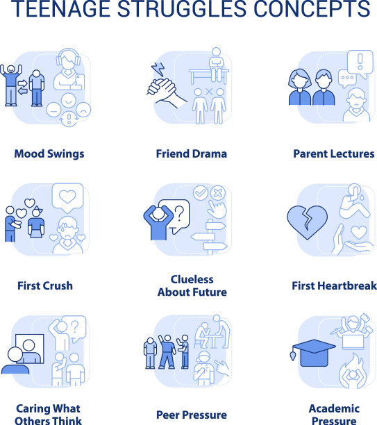 青少年斗争浅蓝色概念图标集图片下载