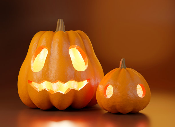 万圣节南瓜与幽灵有趣的脸背景，3d渲染图片下载