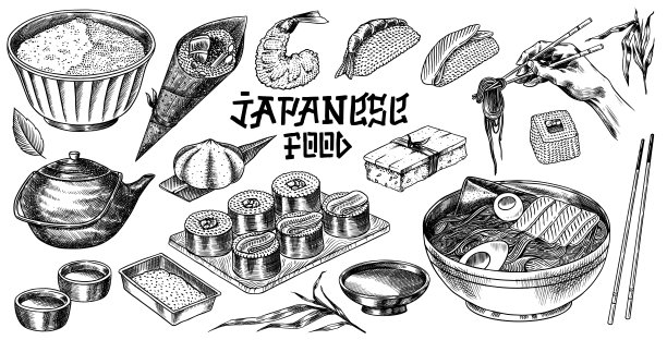 日本食品。寿司吧，拉面，碗里的汤，面包卷和甜点，亚洲茶。酱油。手握着筷子。刻素描。单色涂鸦风格。矢量图图片下载