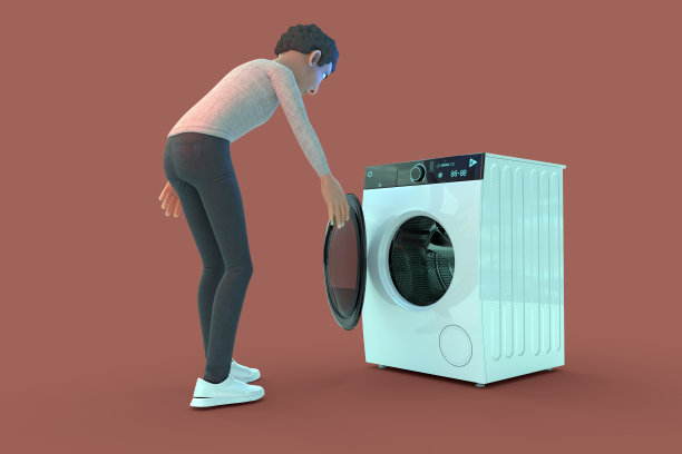 一个年轻人打开洗衣机的门图片下载