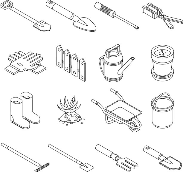 园艺工具轮廓图标集图片下载