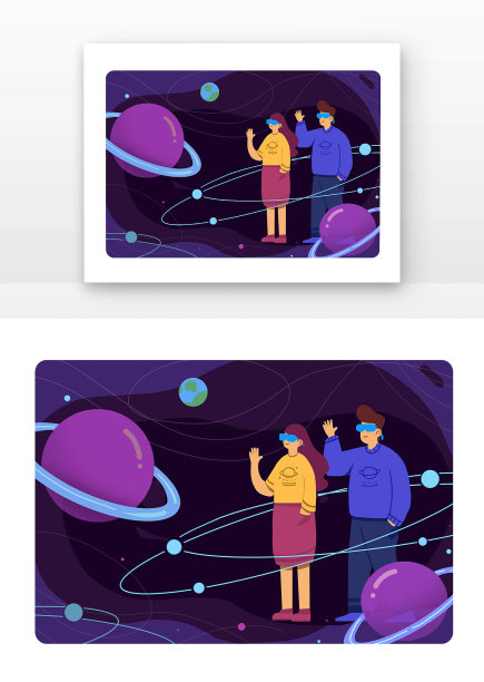 紫色星球扁平风VR双人招手地球元素图片下载