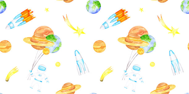 白色背景上的空间无缝图案。土星、地球、木星、月球、火星、金星、太阳，宇航员用气球把太阳系的行星、火箭、彗星和恒星打印得没完没了。图片下载