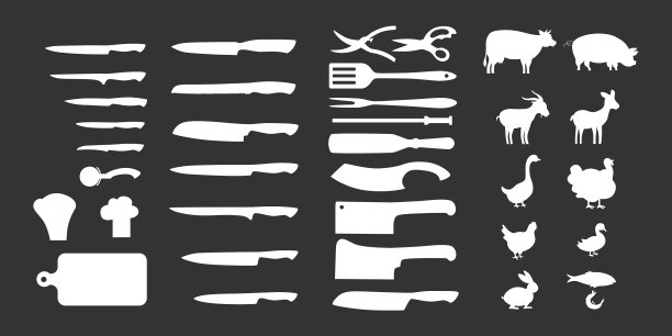 肉类符号和厨师刀轮廓集图片下载