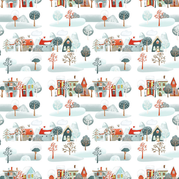 无缝图案可爱的雪冬天的房子和树木，卡通冬季景观，插图在白色的背景图片下载