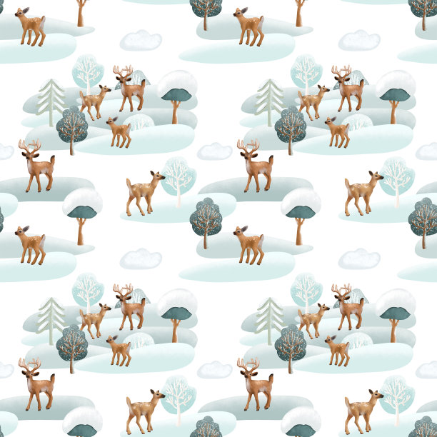 无缝图案的冬季森林景观，森林可爱的人物打印，插图在白色的背景图片下载