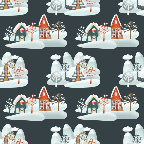 无缝图案可爱的雪冬天的房子，树，山和雪堆，卡通冬季景观，插图在黑暗的背景图片下载
