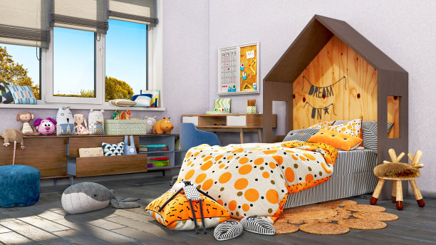 现代明亮的儿童房与学习桌，许多玩具和时尚的床，3d插图图片下载