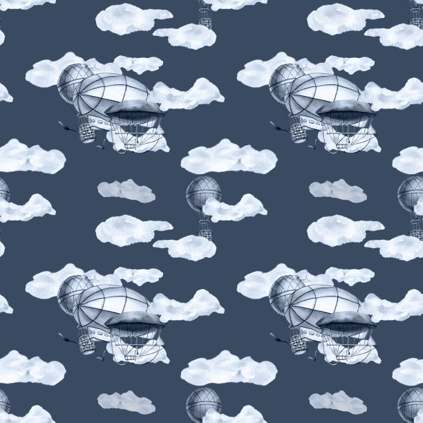 复古飞船和气球复古风格水彩插图无缝图案图片下载
