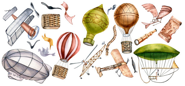 一套复古的空中运输水彩插图孤立在白色背景。图片下载