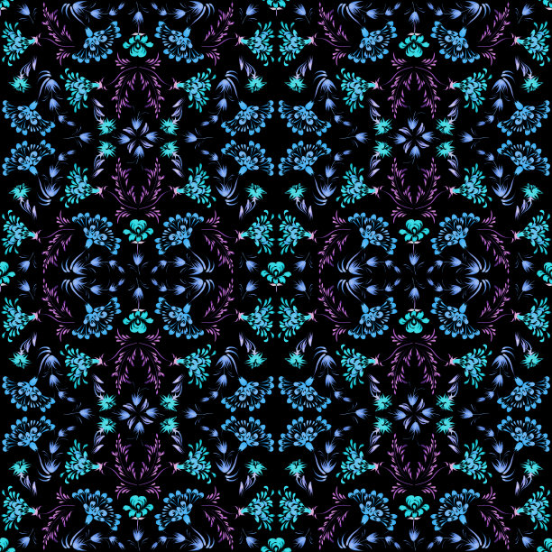 乌克兰民间绘画风格Petrykivka。花卉水彩无缝图案从红色，蓝色，绿色，绿松石花和树叶上的黑色背景的织物，衣服。民族设计图片下载