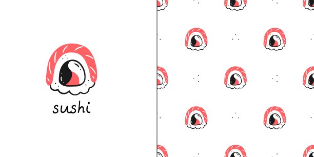 无缝图案寿司卷和寿司文字卡。矢量亚洲美食插图。图片下载