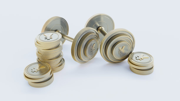金色哑铃由一枚日元硬币在白色背景上制成，金色日元哑铃的概念。经营理念。图片下载