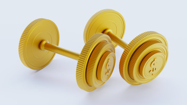 金色哑铃由一美元硬币在白色背景上制成，金色美元哑铃的概念。经营理念。图片下载