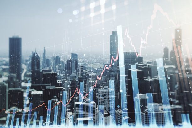 双曝抽象创意金融图表全息图以芝加哥摩天大楼为背景，研究及策略概念图片下载
