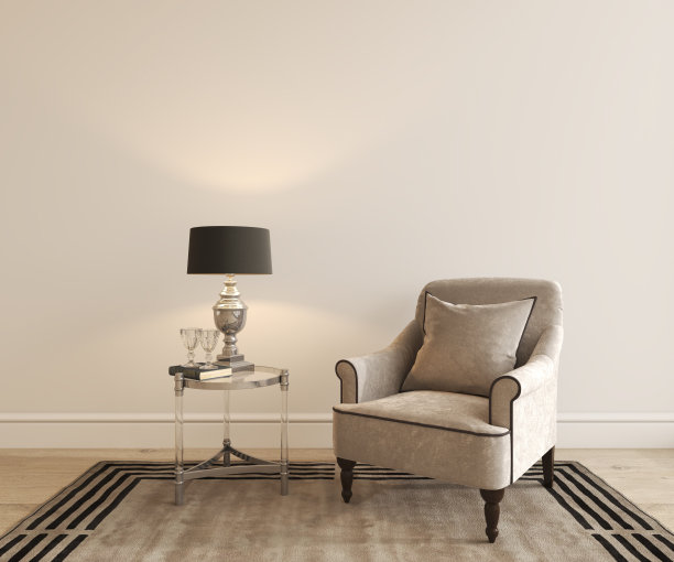 家居客厅室内设计。扶手椅，桌子和装饰与灯。3d渲染插画现代经典风格。图片下载