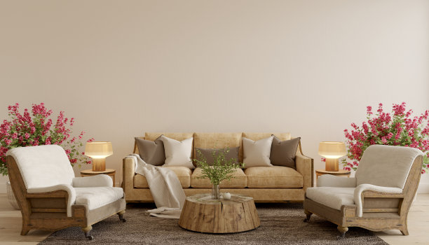 复古复古风格的客厅。经典的家居室内设计。3d渲染插图在粉彩。图片下载