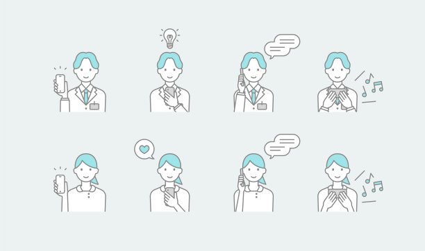 医生和护士使用智能手机绘图图标设置图片下载