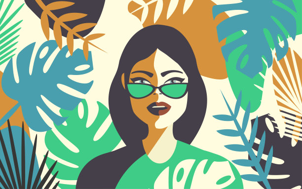 一个美丽的女孩的肖像在太阳镜在五颜六色的树叶时髦时髦的颜色图片下载