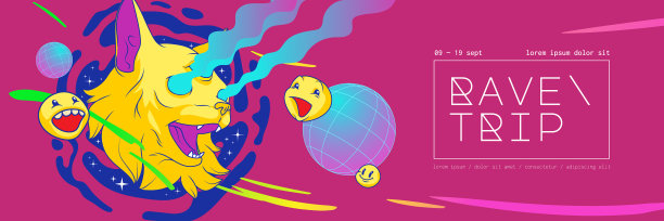 带有迷幻贴纸的狂欢旅行海报图片下载