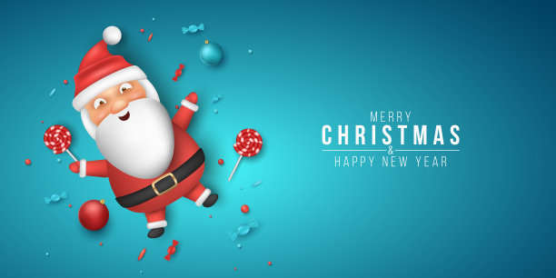 圣诞卡通横幅与情绪卡通圣诞老人躺在蓝色的背景与棒棒糖，糖果，球。新年快乐，为您设计封面。矢量图图片下载
