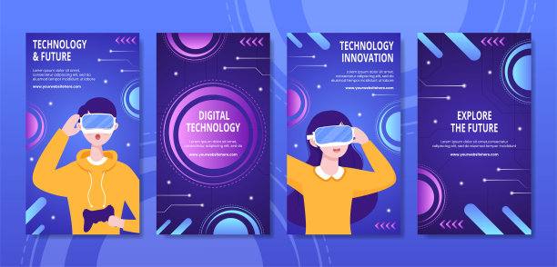 技术社交媒体故事模板手绘卡通平面插图图片下载