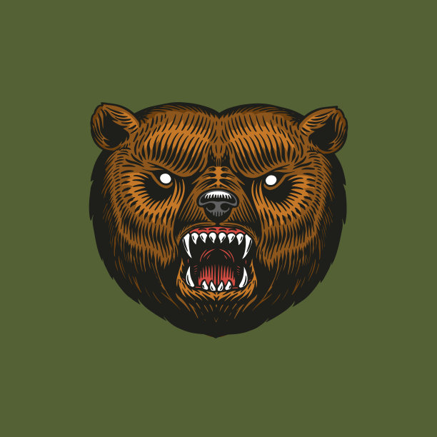 棕熊，野生动物。老式黑白风格。为旗帜或标签雕刻手绘草图。象征着北方和森林。图片下载