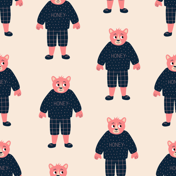可爱的粉色熊在运动衫“蜂蜜”和短裤手绘矢量插图。有趣的动物人物服装无缝图案的儿童织物或墙纸。图片下载