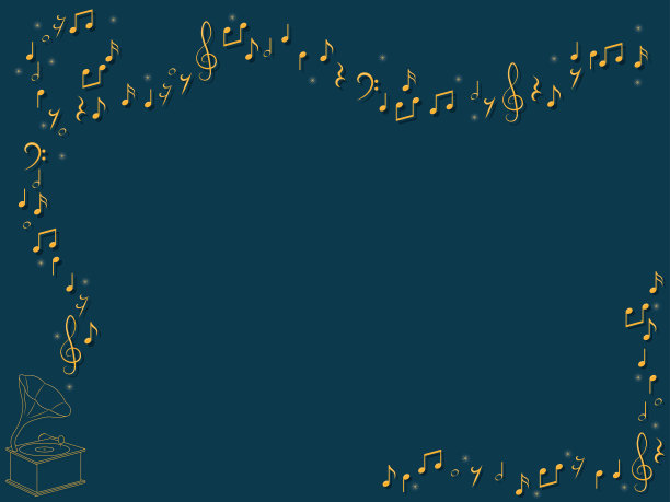 金色的老留声机模型和音符旋律在深蓝色背景矢量插图图片下载