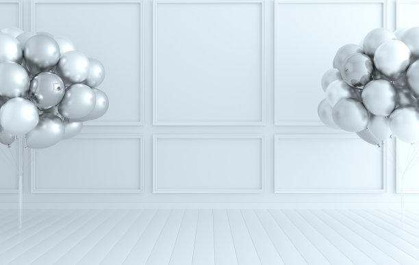 经典的内墙，还有一堆气球。墙壁有装饰面板，木地板，经典的飞檐。3d渲染党内部模拟插图。白色和银色图片下载