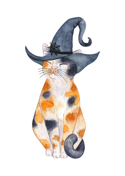 水彩插图，可爱的斑点猫在滑稽的帽子。宠物和万圣节派对图片下载