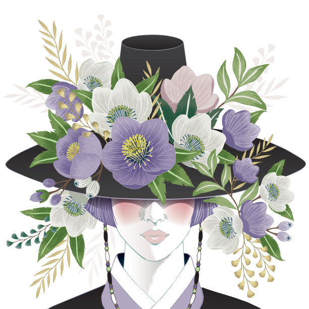 一名女性戴着用鲜花装饰的韩国传统帽子的矢量插图。图片下载