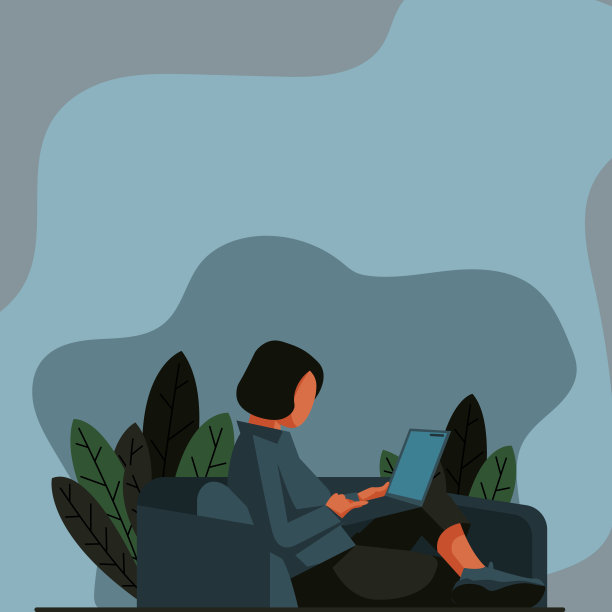 坐在沙发上用笔记本电脑画画的女士。女人放松地躺在一个大泡沫枕头上，同时浏览便携式电脑。图片下载