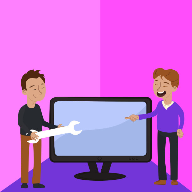 男人指向电视屏幕。男人用扳手查找设备问题。重要信息和修复程序设置。图片下载