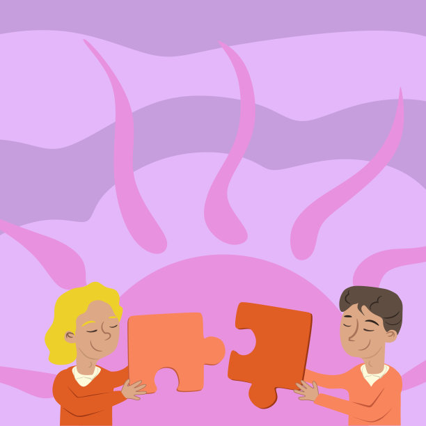 同事们把两块拼图拼在一起，展示团队合作精神。队友一起寻找线索展示团队合作。图片下载