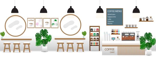 咖啡馆向量。空的咖啡馆内部有吧台、桌子和扶手椅。咖啡店或咖啡馆。平面设计矢量插图图片下载
