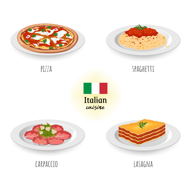 意大利菜在白色孤立的背景。食物概念矢量图图片下载