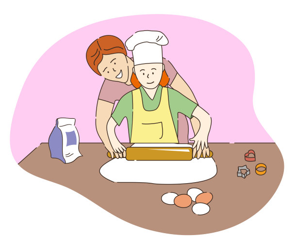 母女俩在做饼干。家庭时间。妈妈和女孩。育儿。母亲。平面向量插图。图片下载